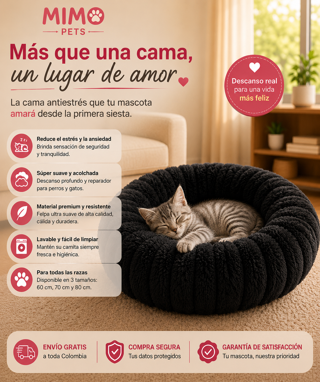 Cama Antiestrés Afelpada para Perros y Gatos | Descanso Premium MIMOPETS