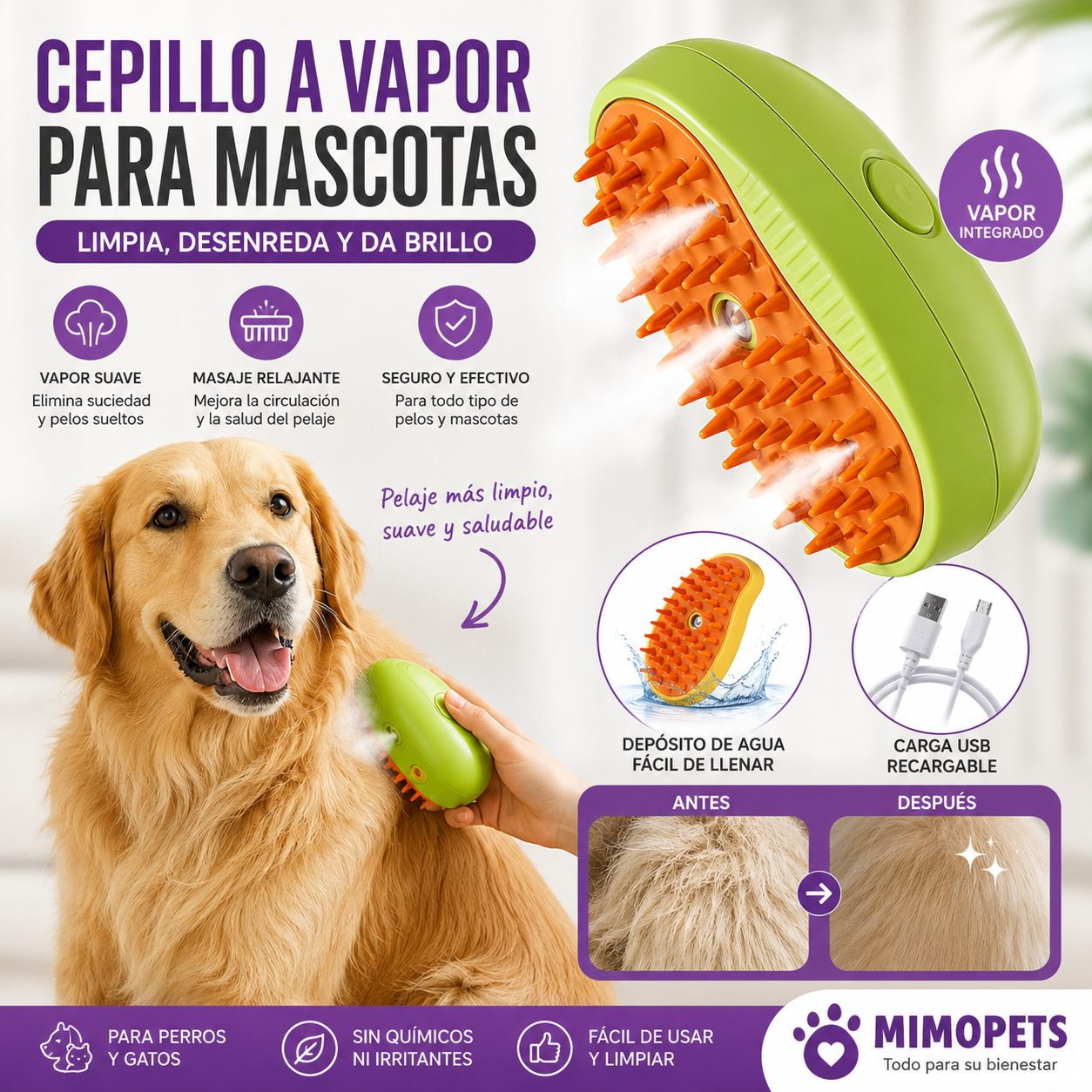 Cepillo A Vapor para Mascotas | Elimina Pelo y Desenreda sin Dolor