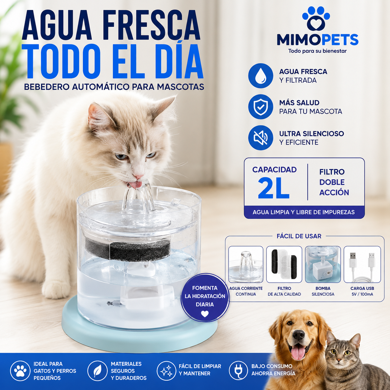 Bebedero Automático para Mascotas 2L | Agua Fresca Todo el Día