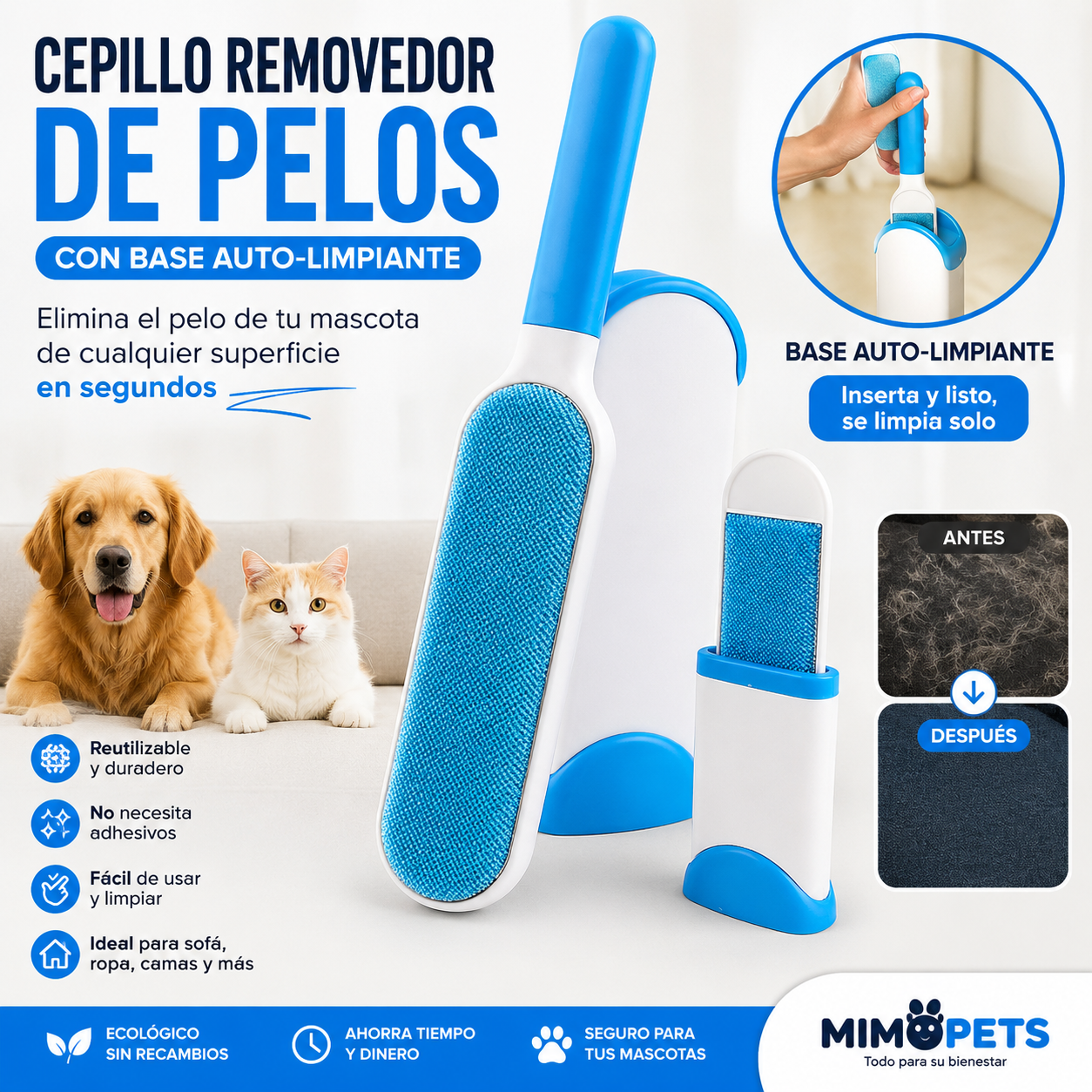 Cepillo Removedor de Pelos con Base Autolimpiante+ Mini Cepillo